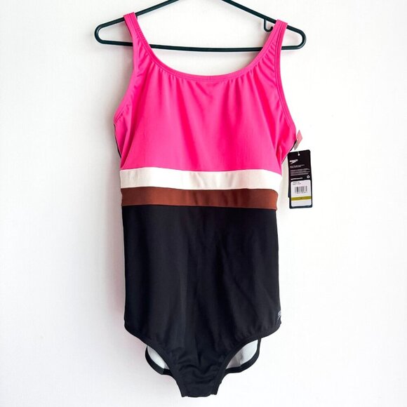 Speedo Colorblock Black Pink Open BAck One Piece Swimsuit 14 - Picture 3 of 8